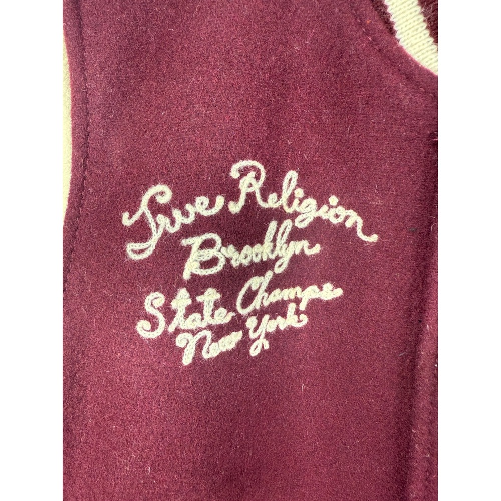True Religion Richie Varsity Jacket Burgundy Leather Wool Letterman Mens XS - Picture 5 of 6